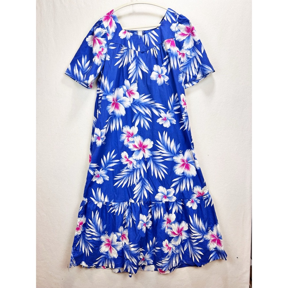 Vintage Hawaiian Mumu Size XL Long Floral Royal Blue Made in Hawaii Tropical